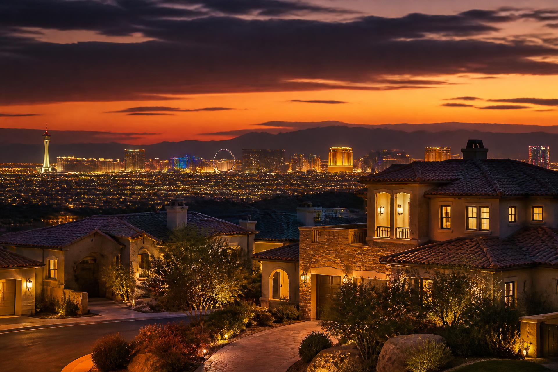 Las Vegas skyline at dusk behind luxury desert homes